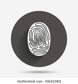 Fingerprint sign icon. Identification or authentication symbol. Circle flat button with shadow. Vector