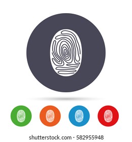 Fingerprint sign icon. Identification or authentication symbol. Round colourful buttons with flat icons. Vector