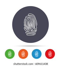 Fingerprint sign icon. Identification or authentication symbol. Round colourful buttons with flat icons. Vector