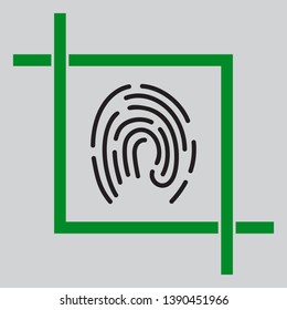 Fingerprint sign illustration. Black icon inside green crop tool at light gray background