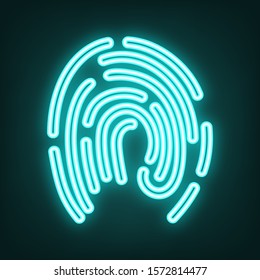 Fingerprint sign illustration. Cyan neon icon in the dark. Bluring. Luminescence. Illustration.