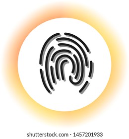 Fingerprint sign illustration. Dark icon with shadow on the glowing circle button. Illustration.