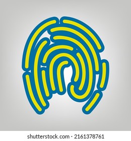 Fingerprint sign illustration. Icon in colors of Ukraine flag (yellow, blue) at gray Background. Illustration.
