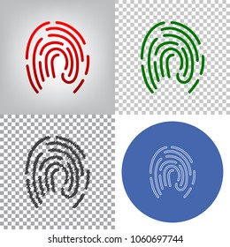 Fingerprint sign illustration. Vector. 4 styles. Red gradient in radial lighted background, green flat and gray scribble icons on transparent and linear one in blue circle.