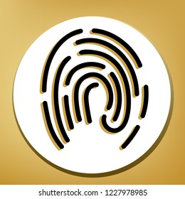 Fingerprint sign illustration. Vector. Black icon with light brown shadow in white circle with shaped ring at golden background.
