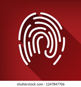 Fingerprint sign illustration. Vector. White icon with limitless shadow at ruby red background.