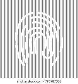 Fingerprint sign illustration. Vector. White icon on grayish striped background. Optical illusion.