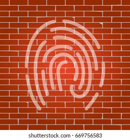 Fingerprint sign illustration. Vector. Whitish icon on brick wall as background.