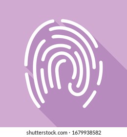 Fingerprint sign illustration. White Icon with long shadow at purple background. Illustration.