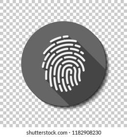 Fingerprint. Simple icon for logo or app. flat icon, long shadow, circle, transparent grid. Badge or sticker style