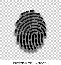 Fingerprint. Simple icon for logo or app. Black glass icon with soft shadow on transparent background