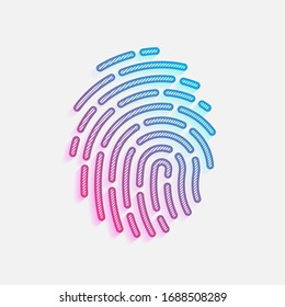 Fingerprint. Simple icon for logo or app. Technology logo with diagonal lines and colored gradient. Neon graphic, light effect. Blue and red colors