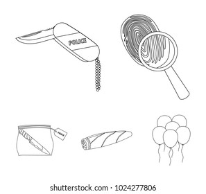 A fingerprint study, a folding knife, a cigar detective, a crime weapon tool in the package. Crime and detective set collection icons in outline style vector symbol stock illustration web.