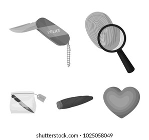 A fingerprint study, a folding knife, a cigar detective, a crime weapon tool in the package. Crime and detective set collection icons in monochrome style vector symbol stock illustration web.