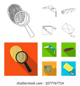 A fingerprint study, a folding knife, a cigar detective, a crime weapon tool in the package. Crime and detective set collection icons in outline,flat style vector symbol stock illustration web.