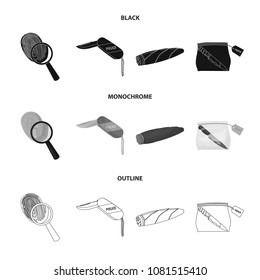 A fingerprint study, a folding knife, a cigar detective, a crime weapon tool in the package. Crime and detective set collection icons in black,monochrome,outline style vector symbol stock illustration
