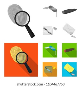 A fingerprint study, a folding knife, a cigar detective, a crime weapon tool in the package. Crime and detective set collection icons in monochrome,flat style vector symbol stock illustration web.
