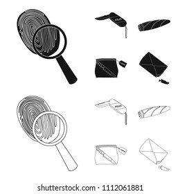 A fingerprint study, a folding knife, a cigar detective, a crime weapon tool in the package. Crime and detective set collection icons in black,outline style vector symbol stock illustration web.