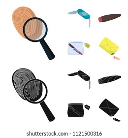 A fingerprint study, a folding knife, a cigar detective, a crime weapon tool in the package. Crime and detective set collection icons in cartoon,black style vector symbol stock illustration web.