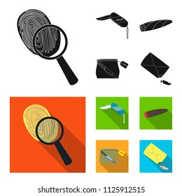 A fingerprint study, a folding knife, a cigar detective, a crime weapon tool in the package. Crime and detective set collection icons in black,flat style vector symbol stock illustration web.