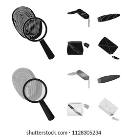 A fingerprint study, a folding knife, a cigar detective, a crime weapon tool in the package. Crime and detective set collection icons in black,monochrome style vector symbol stock illustration web.