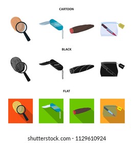 A fingerprint study, a folding knife, a cigar detective, a crime weapon tool in the package. Crime and detective set collection icons in cartoon,black,flat style vector symbol stock illustration web.