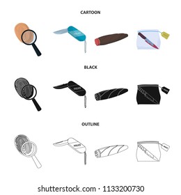 A fingerprint study, a folding knife, a cigar detective, a crime weapon tool in the package. Crime and detective set collection icons in cartoon,black,outline style vector symbol stock illustration
