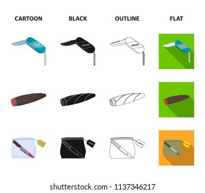 A fingerprint study, a folding knife, a cigar detective, a crime weapon tool in the package. Crime and detective set collection icons in cartoon,black,outline,flat style vector symbol stock