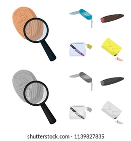 A fingerprint study, a folding knife, a cigar detective, a crime weapon tool in the package. Crime and detective set collection icons in cartoon,monochrome style vector symbol stock illustration web.