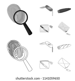 A fingerprint study, a folding knife, a cigar detective, a crime weapon tool in the package. Crime and detective set collection icons in outline,monochrome style vector symbol stock illustration web.