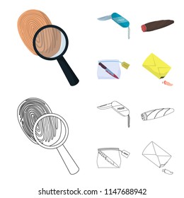A fingerprint study, a folding knife, a cigar detective, a crime weapon tool in the package. Crime and detective set collection icons in cartoon,outline style vector symbol stock illustration web.