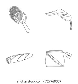 A fingerprint study, a folding knife, a cigar detective, a crime weapon tool in the package. Crime and detective set collection icons in outline style vector symbol stock illustration web.