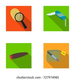 A fingerprint study, a folding knife, a cigar detective, a crime weapon tool in the package. Crime and detective set collection icons in flat style vector symbol stock illustration web.