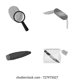 A fingerprint study, a folding knife, a cigar detective, a crime weapon tool in the package. Crime and detective set collection icons in monochrome style vector symbol stock illustration web.