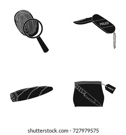 A fingerprint study, a folding knife, a cigar detective, a crime weapon tool in the package. Crime and detective set collection icons in black style vector symbol stock illustration web.
