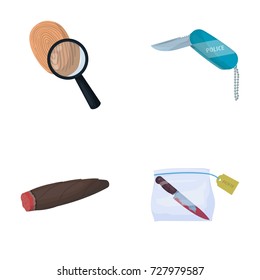 A fingerprint study, a folding knife, a cigar detective, a crime weapon tool in the package. Crime and detective set collection icons in cartoon style vector symbol stock illustration web.
