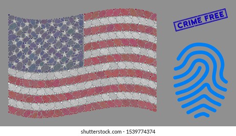 Fingerprint symbols are grouped into USA flag stylization with blue rectangle grunge stamp seal of Crime Free text. Vector concept of USA waving official flag is made of fingerprint items.
