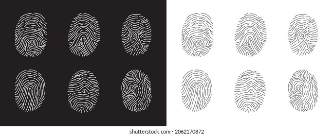 fingerprint technology, biometric identification, thumbprint id, cyber security, digital identification, forensic evidence, black and white authorization verification signature icons isolated vector
