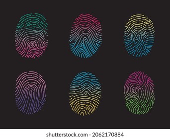 fingerprint technology, biometric identification, thumbprint id icons, cyber security, digital identification, forensic evidence, rainbow, authorization verification signature icons isolated vector