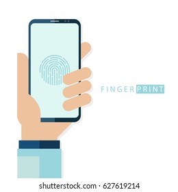 Fingerprint touch ID concept with human hand holding smartphone. Personal access protection technology. Flat design vector illustration.