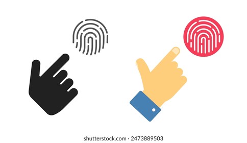 Fingerprint touch pointer icon vector graphic set, flat finger thumb print id click symbol simple shape silhouette, biometric thumbprint tap identity hand image clip art set