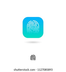 Fingerprint, UI icon. Fingerprint security system pictogram. Green rounded square with shadow on a white background. Web button. Contour option. 