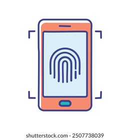 Desbloqueo de huellas dactilares en el teléfono móvil. Ilustración de un teléfono inteligente con un escáner de huellas dactilares en la pantalla, que simboliza la seguridad y la autenticación.