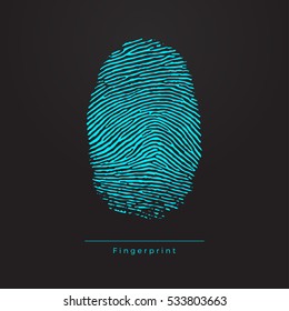 Fingerprint. Vector Blue Identification Symbol on Black Background.