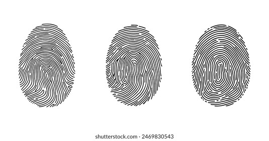 Fingerprint vector icon set. Personal id identity. Press finger, scan for safety. Unique touch id. Individual fingertip is verification in police. Illustration on white background.