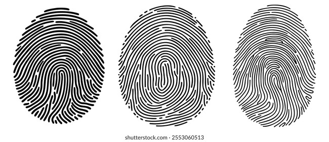 Conjunto de iconos de Vector de huellas dactilares. Identificación personal. Dedo de Prensa, escanear por seguridad. Identificación táctil única. La punta del dedo individual es la verificación en la policía. Ilustración sobre fondo blanco.