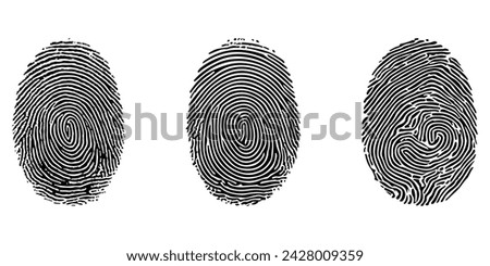 Fingerprint vector icon set. Personal id identity. Press finger, scan for safety. Unique touch id. Individual fingertip is verification in police. Illustration on white background.