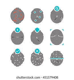 Fingerprint vector icons. Identity finger print or thumbprint set, security biometric symbols