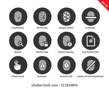 Fingerprint vector icons set. Admittance and protection concept. Items for security systems, definition, scanning, search, protection, warning. Isolated on white background.