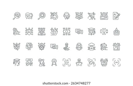 Reconocimiento de huellas dactilares y voz, microchip, cerebro tecnológico delgado Ilustración vectorial de símbolos negros. Inteligencia artificial, IA generativo, aprendizaje automático, línea de proceso de automatización conjunto de iconos.